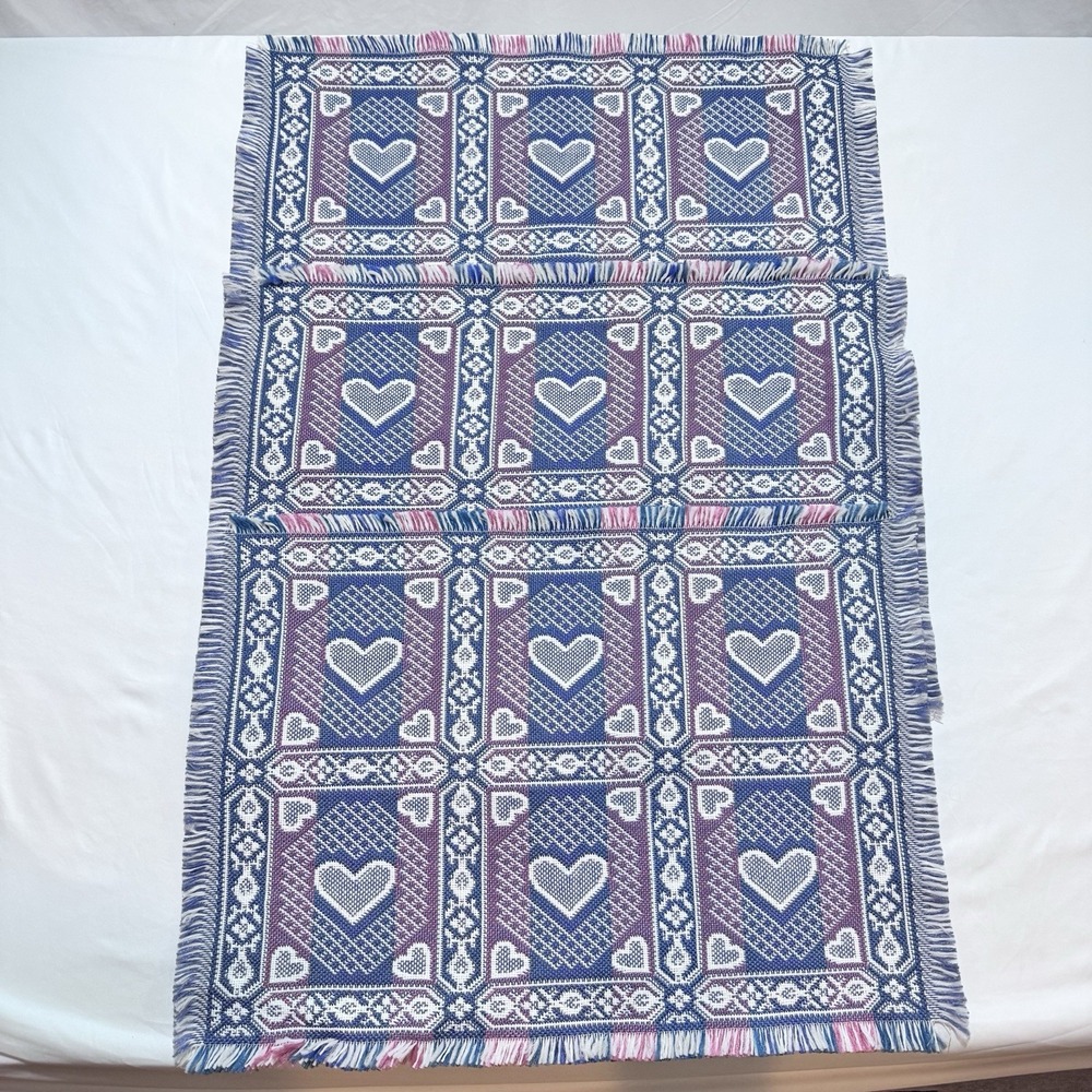 3 VTG Woven Fringed Blue & Pink Heart Placemats Cottagecore Farmhouse Country